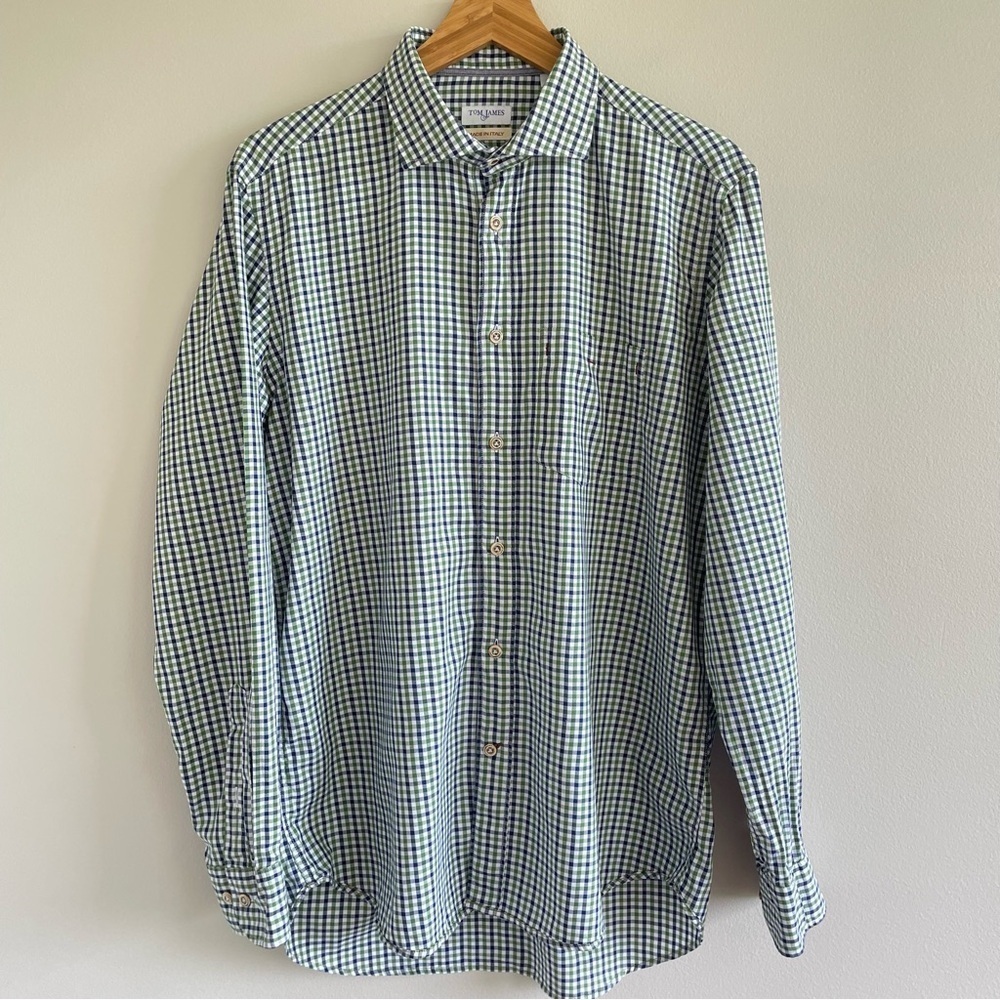 Tom James Men's Button Up Shirt Blue/Green Checkered Pattern Size Medium